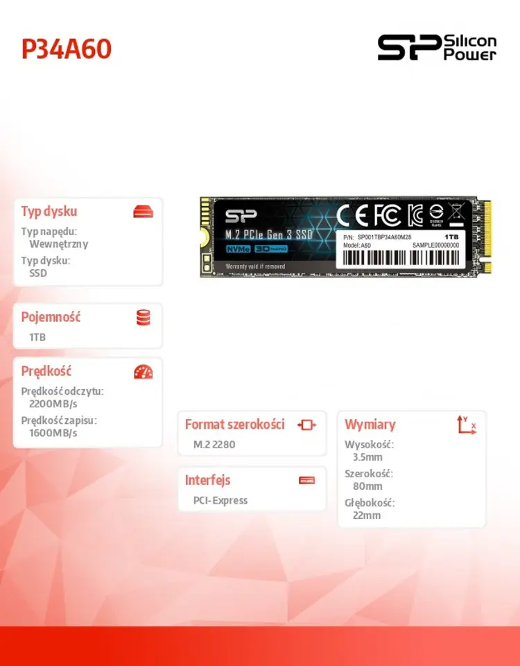 Silicon Power A60 1TB M.2 PCIe NVMe Gen3x4 TLC 2200/1600MB/s SSD