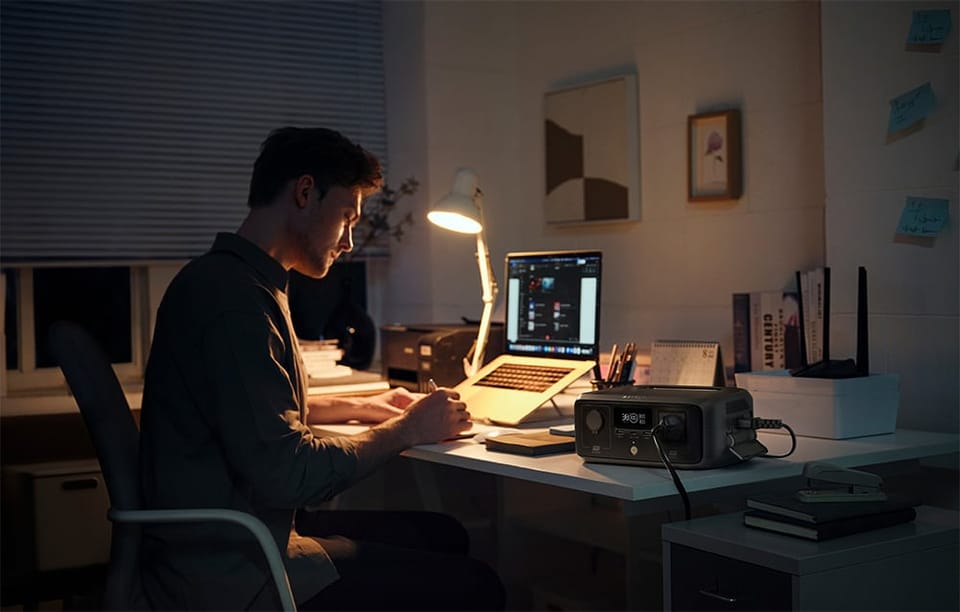 Mężczyzna pracuje przy biurku z laptopem, obok stoi stacja EcoFlow RIVER 3 z podłączonymi urządzeniami