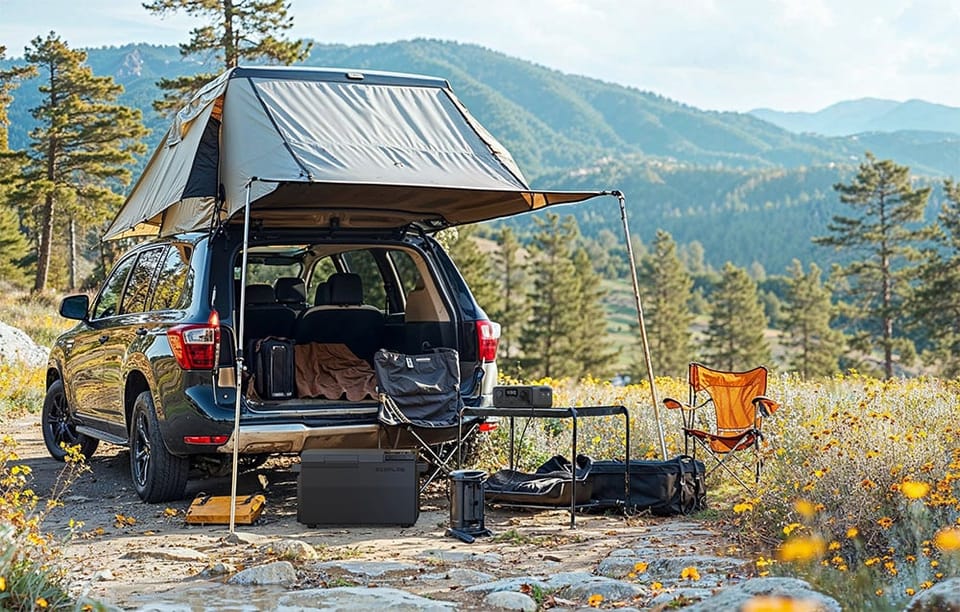 Rozłożony obóz z namiotem dachowym przy SUV-ie w górach, na stole widoczna stacja EcoFlow RIVER 3