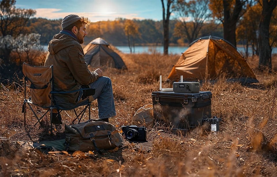 Mężczyzna na biwaku siedzi na krześle przy rozstawionym sprzęcie fotograficznym i stacji EcoFlow RIVER 3