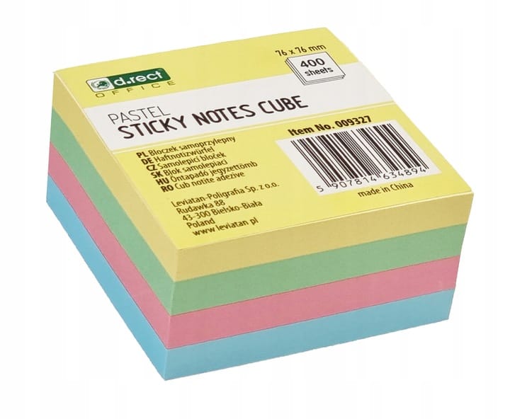 Bloczek samoprzylepny 75x75mm 400k pastelowy 009327 D.RECT