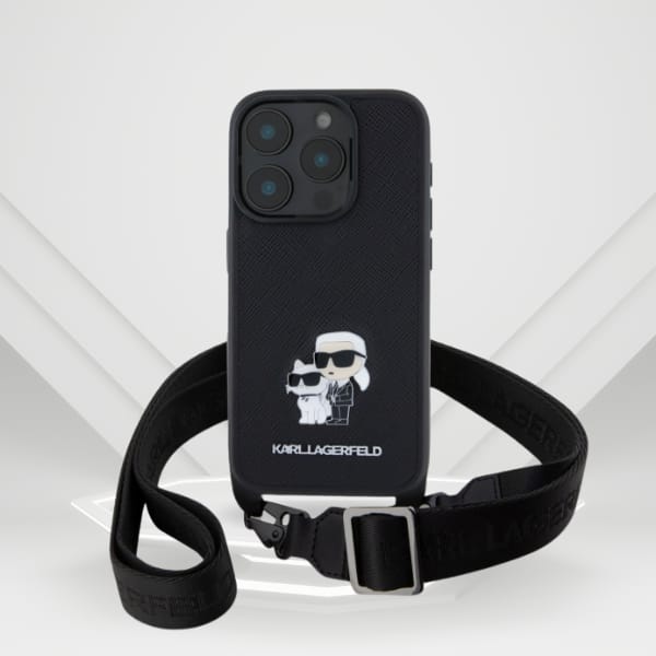 Karl Lagerfeld KLHCP16LSAKCPBK iPhone 16  Pro 6.3" czarny/black hardcase Saffiano Karl&Choupette Metal Pin CBDY Strap
