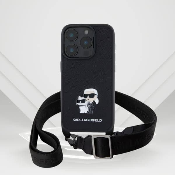 Karl Lagerfeld KLHCP16XSAKCPBK iPhone 16  Pro Max 6.9" czarny/black hardcase Saffiano Karl&Choupette Metal Pin CBDY Strap