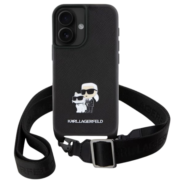 Karl Lagerfeld KLHCP16SSAKCPBK iPhone 16  6.1" czarny/black hardcase Saffiano Karl&Choupette Metal Pin CBDY Strap