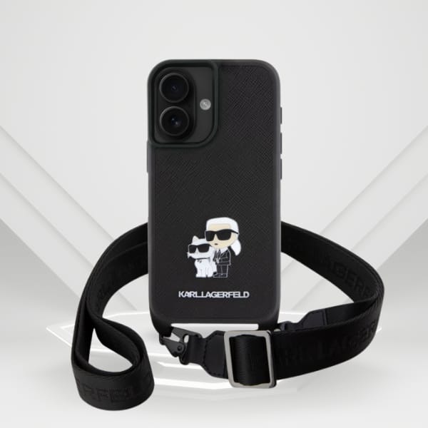 Karl Lagerfeld KLHCP16SSAKCPBK iPhone 16  6.1" czarny/black hardcase Saffiano Karl&Choupette Metal Pin CBDY Strap