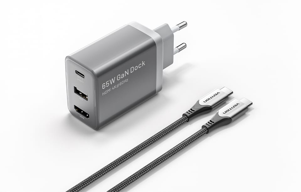 Ładowarka sieciowa Vention FJAH0-EU USB(C+A)+HDMI GaN (60W/5W/4K@60Hz) (szara)