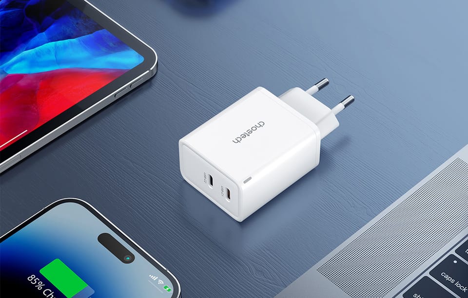 Ładowarka sieciowa Choetech PD6013, GaN, 2x USB-C,  PD65W (biała)