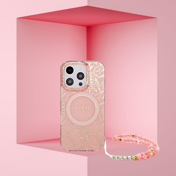 Guess GUHMP16XHCPOFPP iPhone 16 Pro Max   6.9" różowy/pink hardcase IML Flowers Allover Electro With Pearl Strap MagSafe