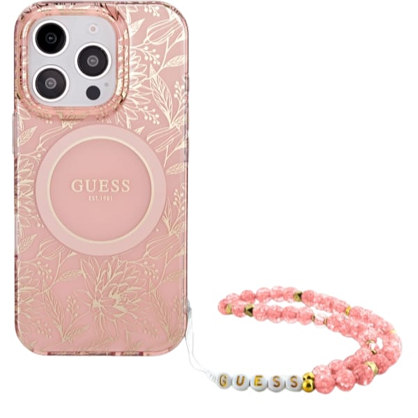 Guess GUHMP16XHCPOFPP iPhone 16 Pro Max   6.9" różowy/pink hardcase IML Flowers Allover Electro With Pearl Strap MagSafe