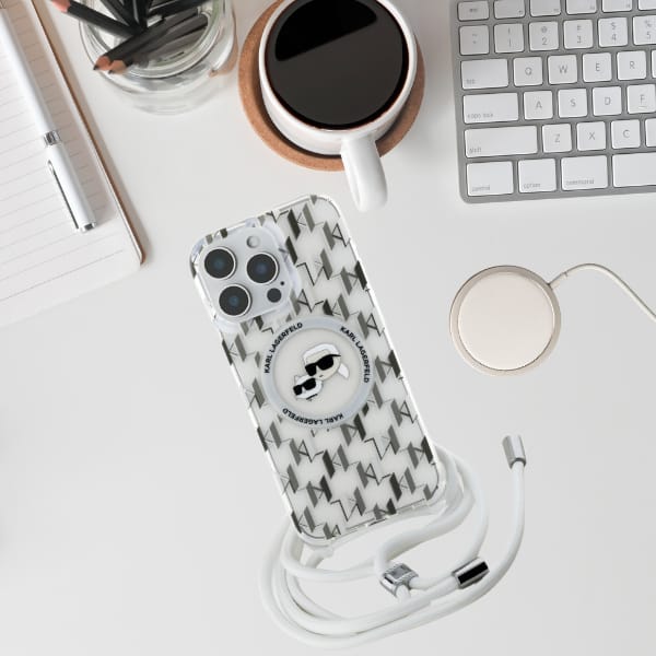 Karl Lagerfeld KLHMP16XHCKCKLCT iPhone    16 Pro Max 6.9" transparent hardcase IML Crossbody Monogram Karl & Choupette Head MagSafe