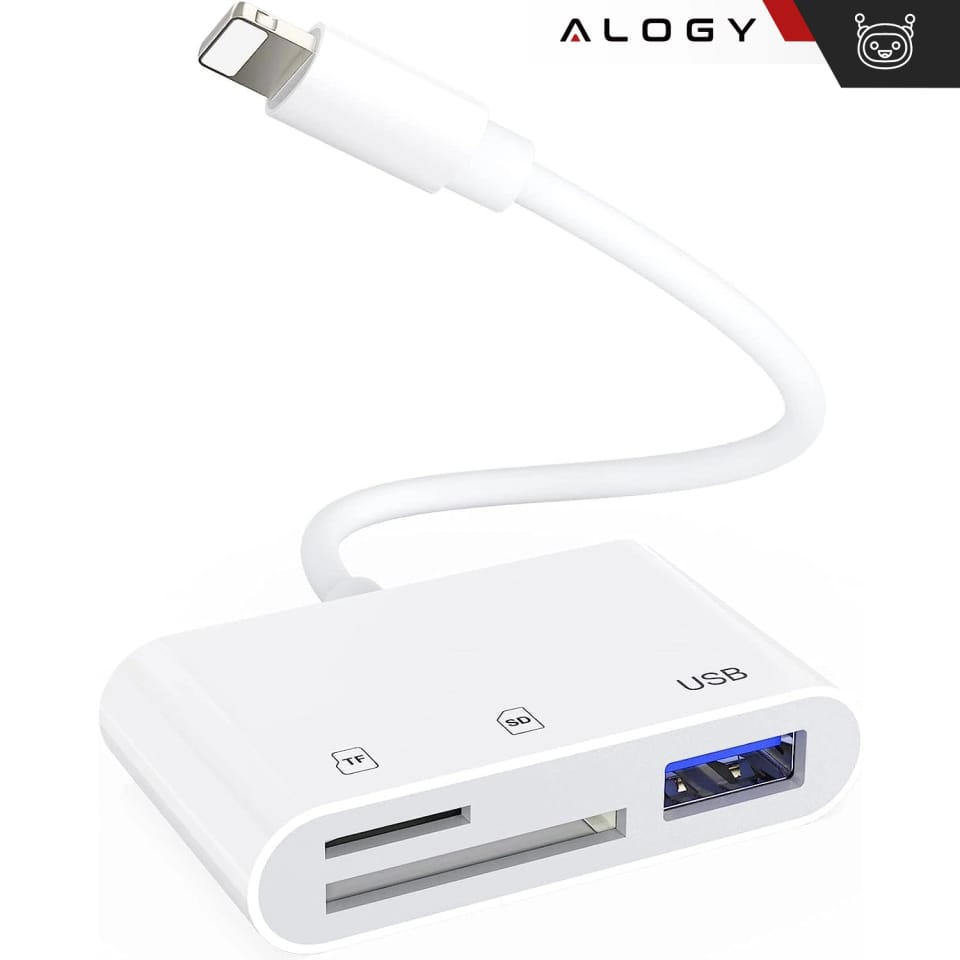 Czytnik kart pamięci SD TF USB Alogy adapter ze złączem Lightning do Apple iPhone iPad Biały