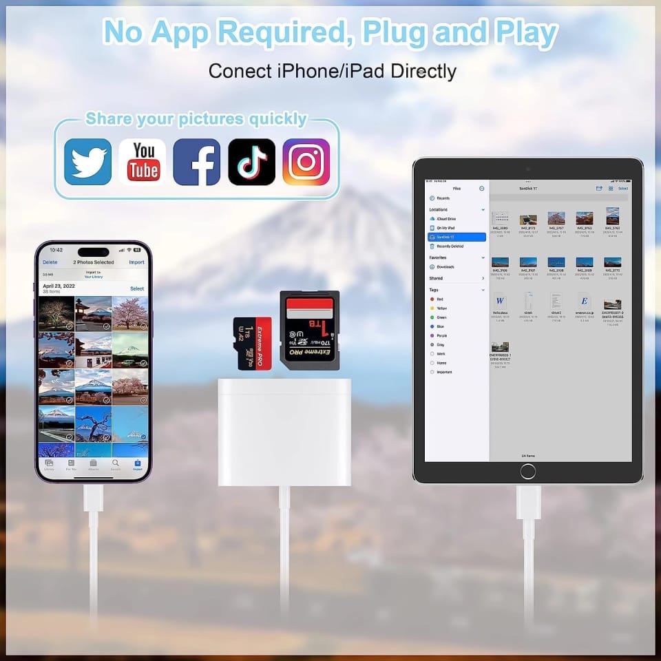 Czytnik kart pamięci SD TF USB Alogy adapter ze złączem Lightning do Apple iPhone iPad Biały