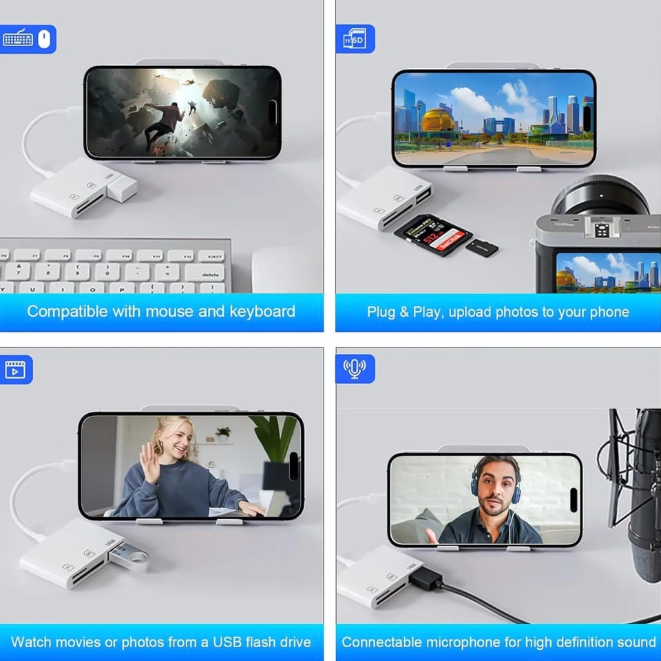 Czytnik kart pamięci SD TF USB Alogy adapter ze złączem Lightning do Apple iPhone iPad Biały