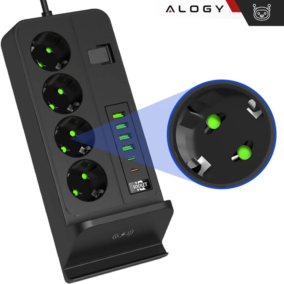 Rozgałęźnik gniazdka Alogy Plug Extender rozdzielacz adapter przedłużacz 3m z ładowarką Qi indukcyjną 4x wtyczka EU + 4x USB + 2x USB-C Czarny