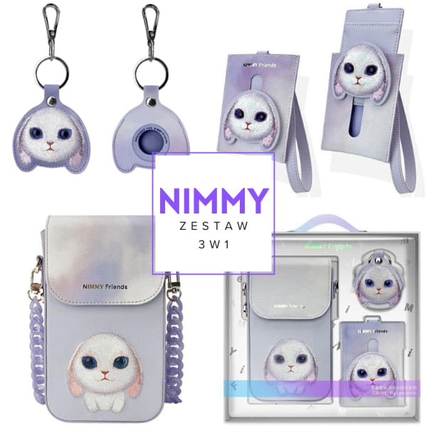 Nimmy Zestaw 3w1 torebka na telefon +    portfel + etui na lokalizator fioletowy/purple Big Eyed Pet 2.0 Rabbit