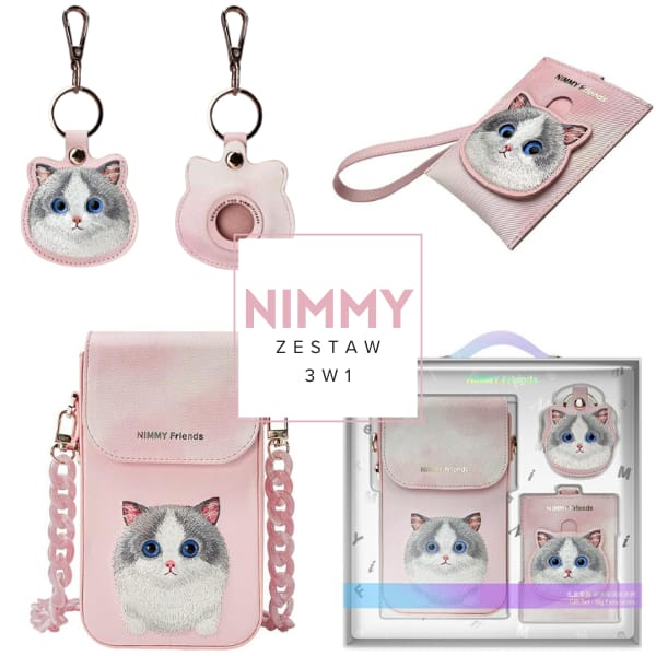 Nimmy Zestaw 3w1 torebka na telefon +    portfel + etui na lokalizator różowy/pink Big Eyed Pet 2.0 Cat