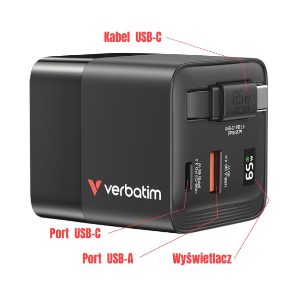 Verbatim Ładowarka sieciowa GaN 65W       2xUSB-C/USB-A + Adapter EU/UK/US czarny/black 32217