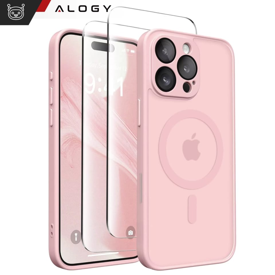 3w1 Zestaw Etui Hybrydowe + Szkło do Apple iPhone 16 Pro Max obudowa ochronna Hybrydowe MagSafe z ochroną obiektywu case + 2x Szkło hartowane ochronne na telefon Alogy 3in1 Case Pack Różowe