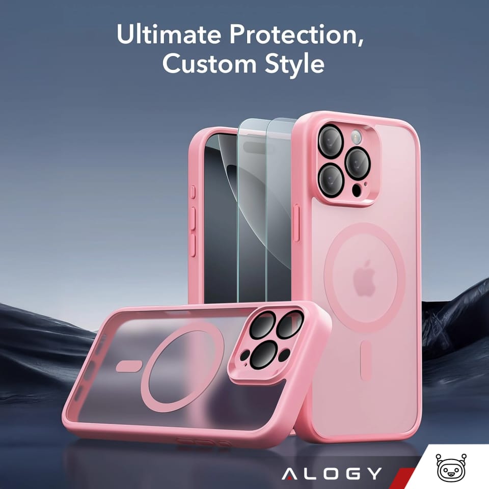 3w1 Zestaw Etui Hybrydowe + Szkło do Apple iPhone 16 Pro Max obudowa ochronna Hybrydowe MagSafe z ochroną obiektywu case + 2x Szkło hartowane ochronne na telefon Alogy 3in1 Case Pack Różowe