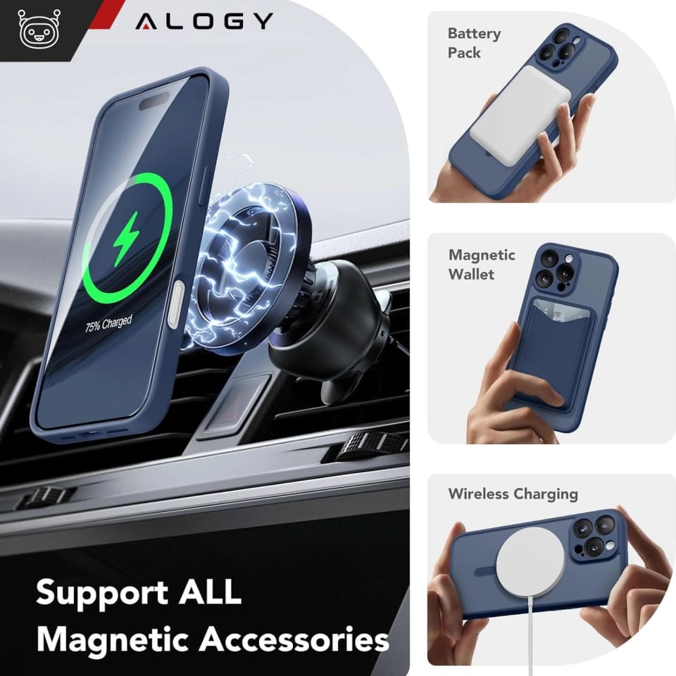 3w1 Zestaw Etui Hybrydowe + Szkło do Apple iPhone 16 Pro obudowa ochronna Hybrydowe MagSafe z ochroną obiektywu case + 2x Szkło hartowane ochronne na telefon Alogy 3in1 Case Pack Navy Blue Granatowe