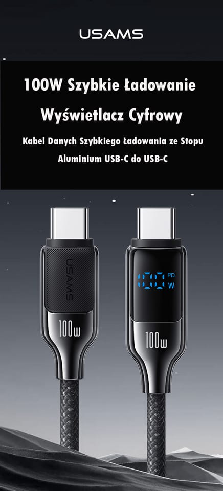 USAMS Kabel USB-C na USB-C 100W 1.2m     Digital Display Zinc Alloy Fast Charging Data Cable HX Series SJ742USB02 (US-SJ742) biały