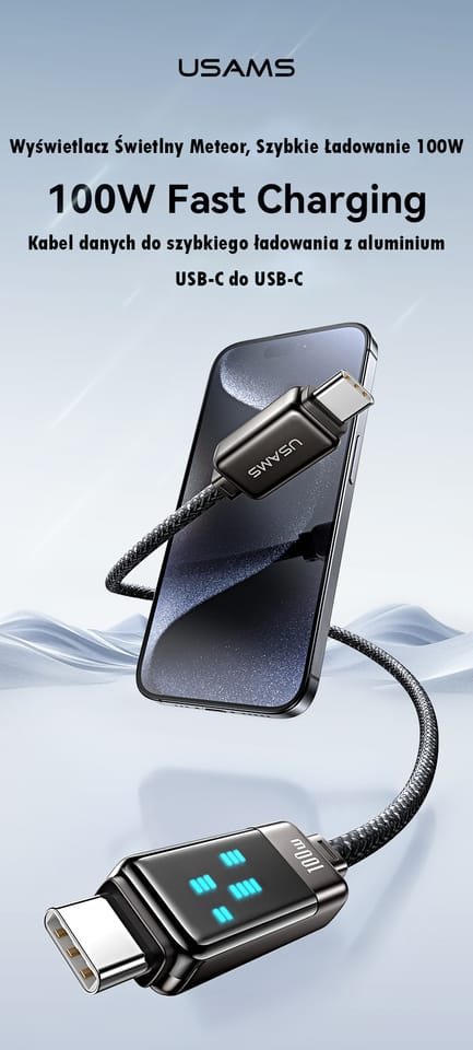 USAMS Kabel USB-C na USB-C 100W 1.2m     Zinc Alloy Fast Charging Data Cable Meteor Series tytanowy/titanium SJ744USB02 (US-SJ744)