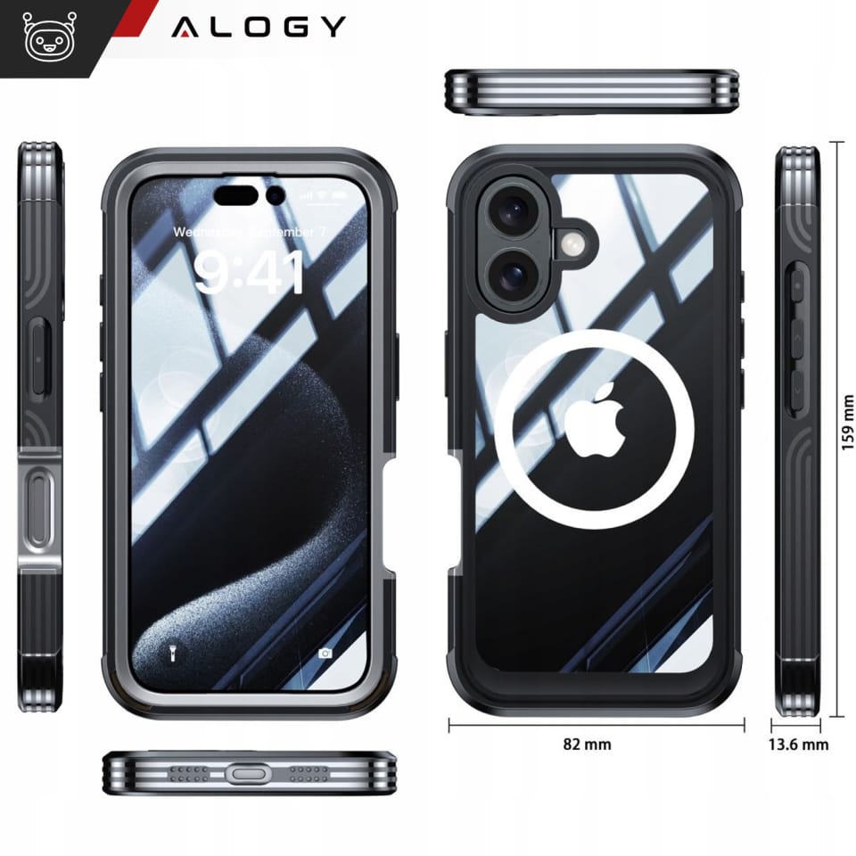 Etui ochronne na telefon do Apple iPhone 16 Plus Alogy Shield360 MagCase™️ do MagSafe obudowa z ochroną wyświetlacza i aparatu Czarne