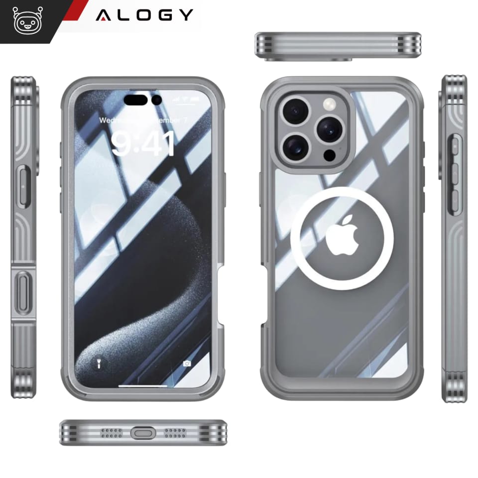 Etui ochronne na telefon do Apple iPhone 16 Pro Max Alogy Shield360 MagCase™️ do MagSafe obudowa z ochroną wyświetlacza i aparatu Titanium Szare