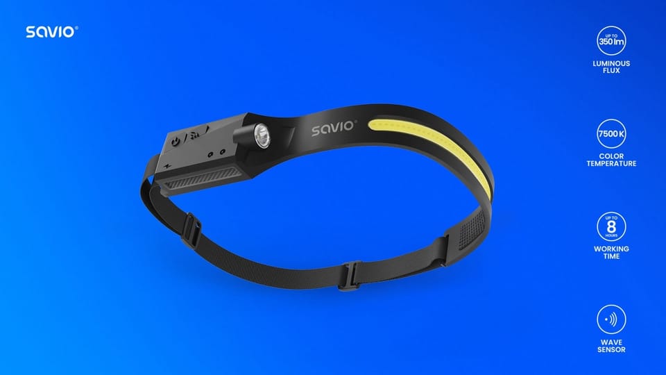 Savio FL-02 LED headlamp with motion sensor, USB-C, 350 lm, range 80m