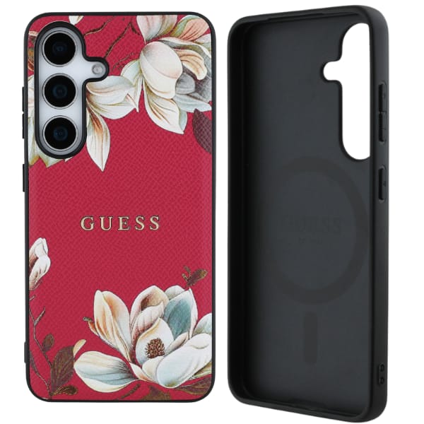 Etui Guess Grained Printed Flower Pattern MagSafe do Samsung Galaxy S25 fuksja