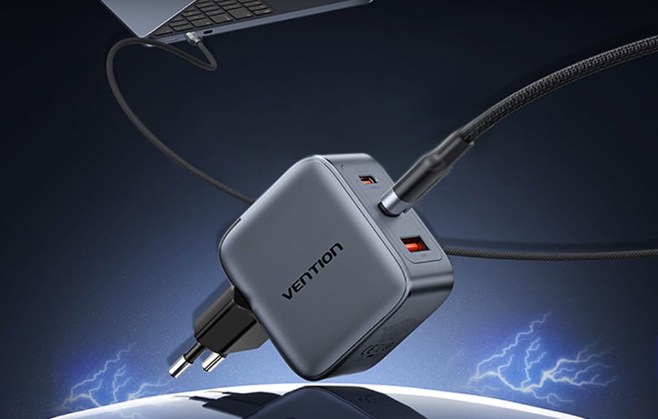 Ładowarka GaN Vention USB-C+C+A 70W + Kabel USB-C-C 1m (Szara)