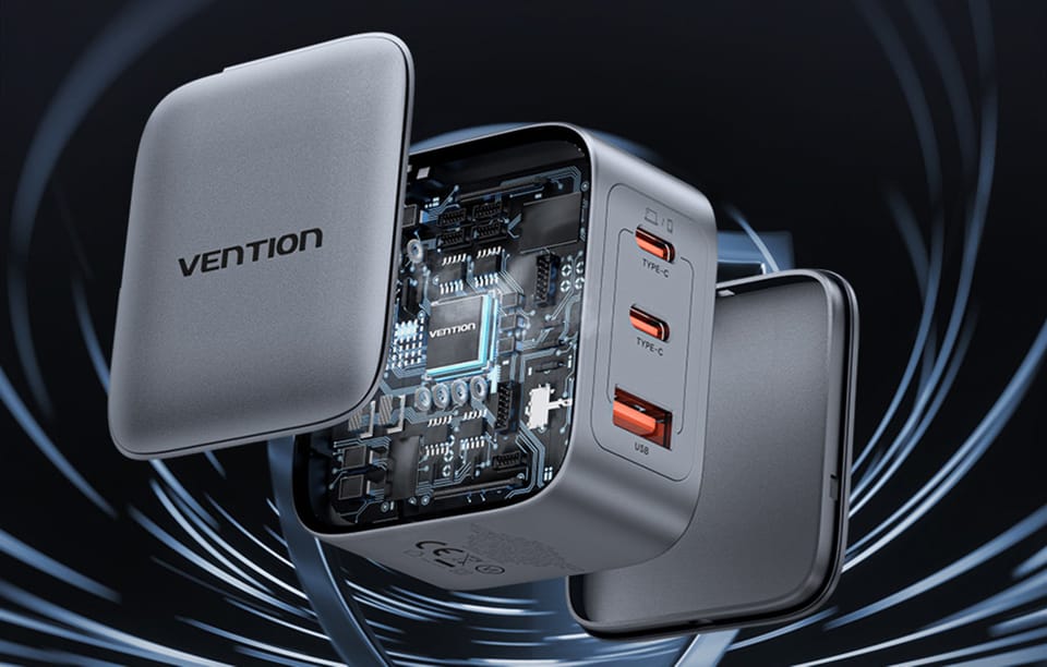 Ładowarka GaN Vention USB-C+C+A 70W + Kabel USB-C-C 1m (Szara)