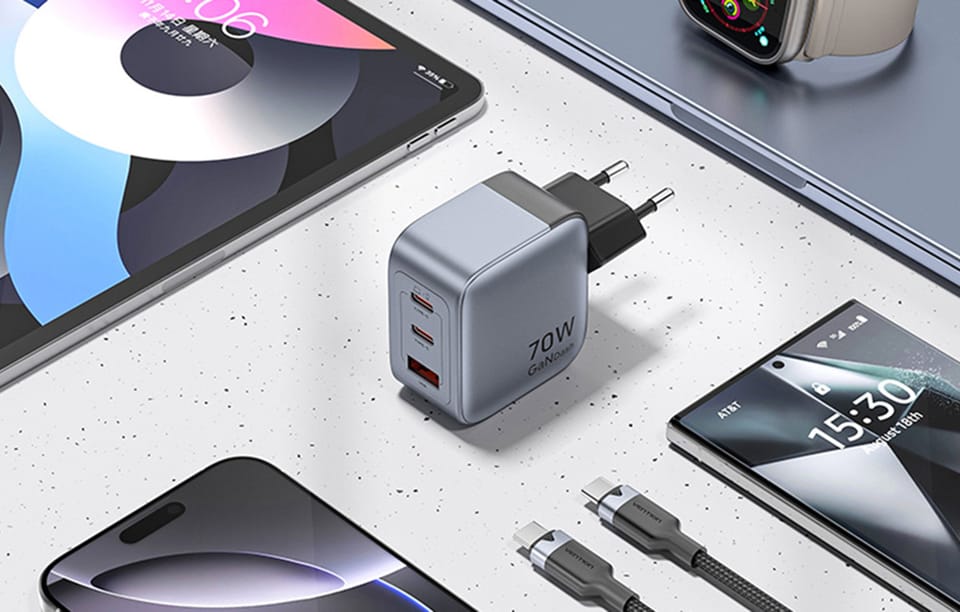 Ładowarka GaN Vention USB-C+C+A 70W + Kabel USB-C-C 1m (Szara)