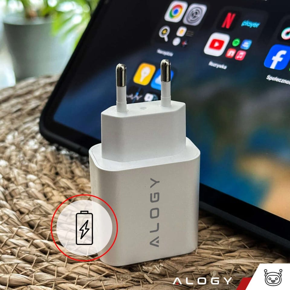 Ładowarka sieciowa szybka 30W USB-C USB typ C GaN PD do iPhone kostka Alogy Biała