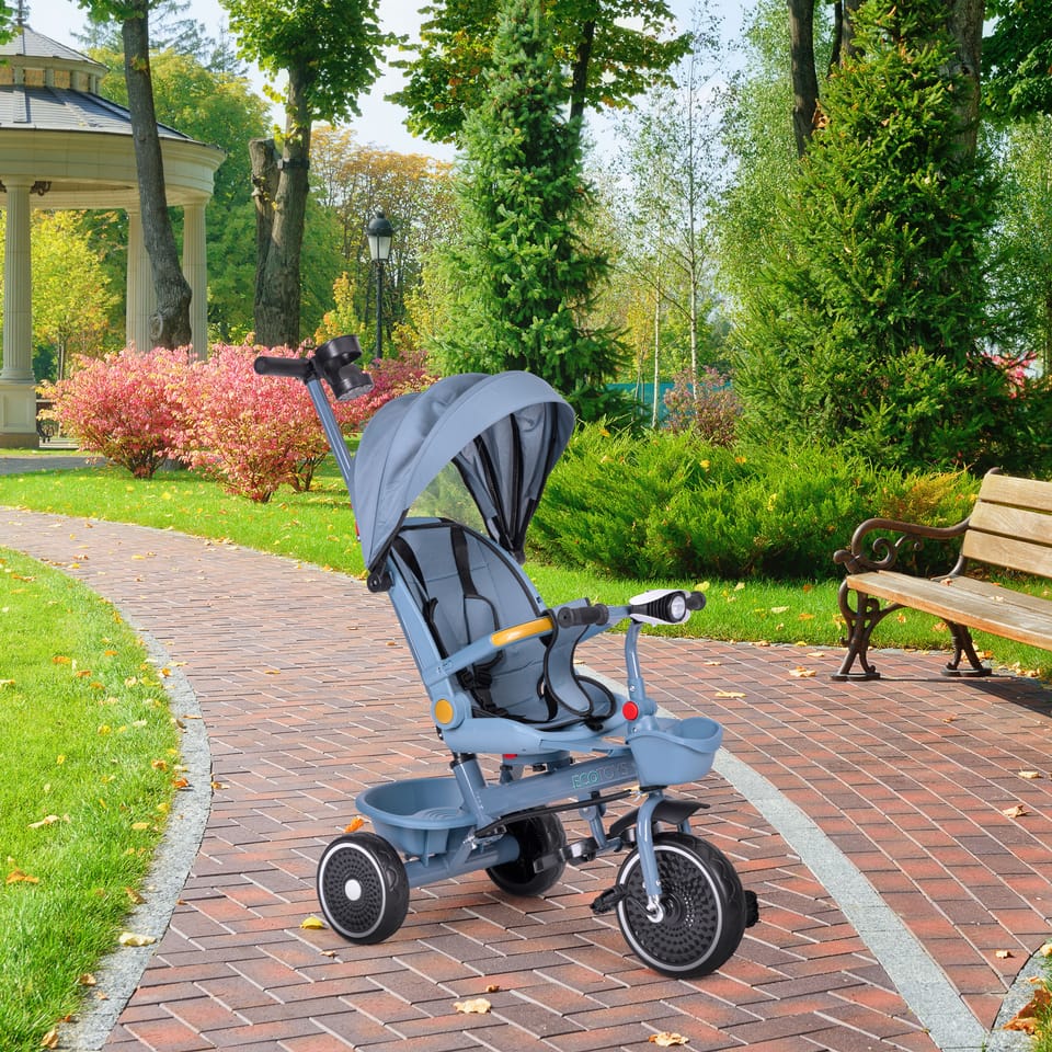 Rowerek trójkołowy spacerówka 2w1 obracane siedzisko składany daszek niebieski ECOTOYS