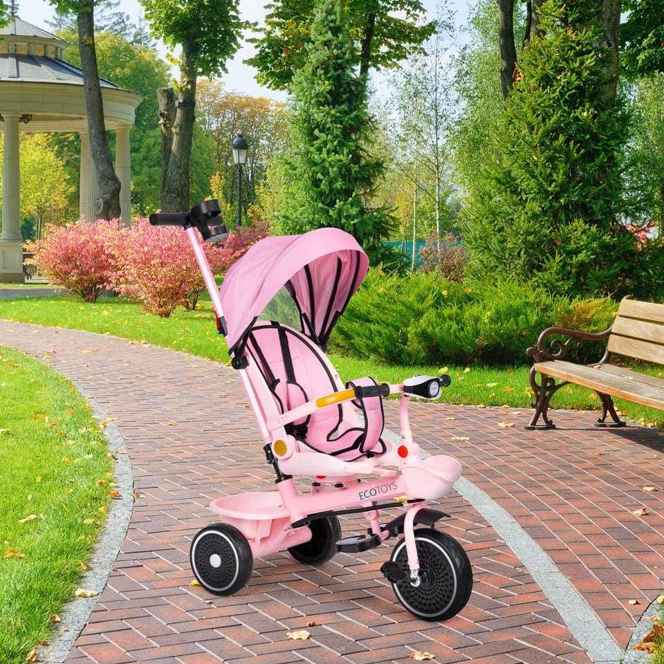 Rowerek trójkołowy spacerówka 2w1 obracane siedzisko składany daszek różowy ECOTOYS