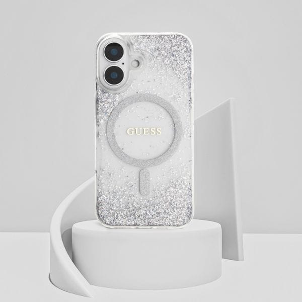 Etui Guess HC Resin Bottom Glitter do    iPhone 16 MagSafe srebrny