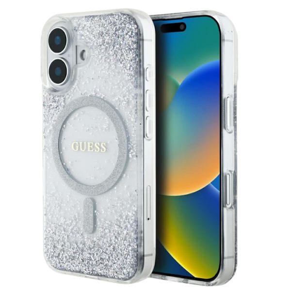 Etui Guess HC Resin Bottom Glitter do    iPhone 16 MagSafe srebrny