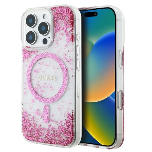 Etui Guess HC Resin Bottom Glitter do    iPhone 16 Pro MagSafe różowy
