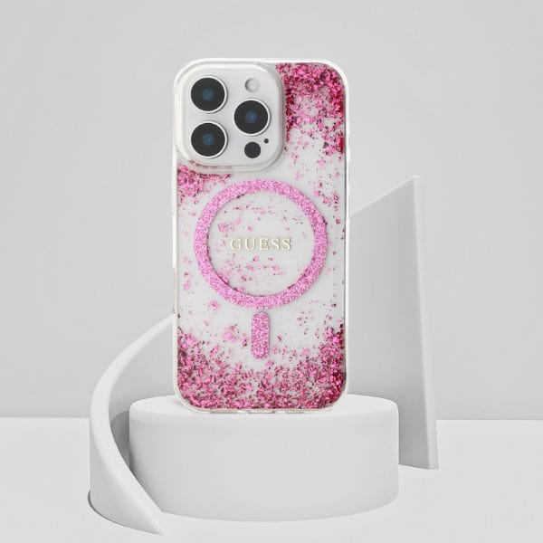Etui Guess HC Resin Bottom Glitter do    iPhone 16 Pro MagSafe różowy