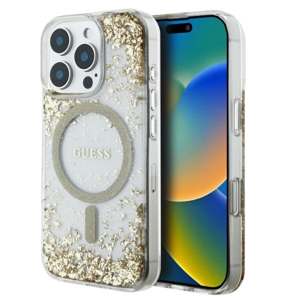 Etui Guess HC Resin Bottom Glitter do    iPhone 16 Pro MagSafe złoty