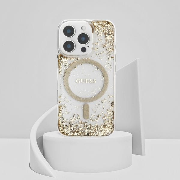 Etui Guess HC Resin Bottom Glitter do    iPhone 16 Pro MagSafe złoty
