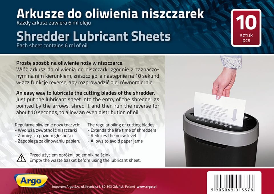 Arkusze do oliwienia ostrzy niszczarek ARGO 10szt (130110)