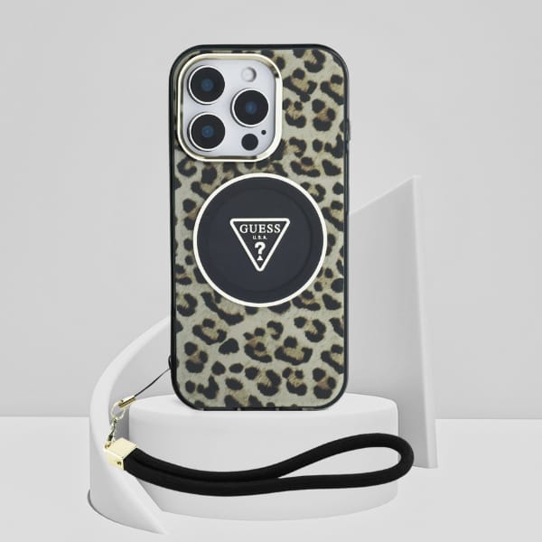 Etui Guess HC IML Leopard Triangle Cord  Strap do iPhone 16 Pro MagSafe brązowy