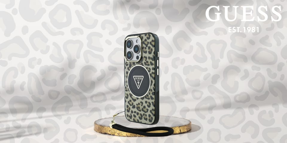 Etui Guess HC IML Leopard Triangle Cord  Strap do iPhone 16 Pro MagSafe brązowy