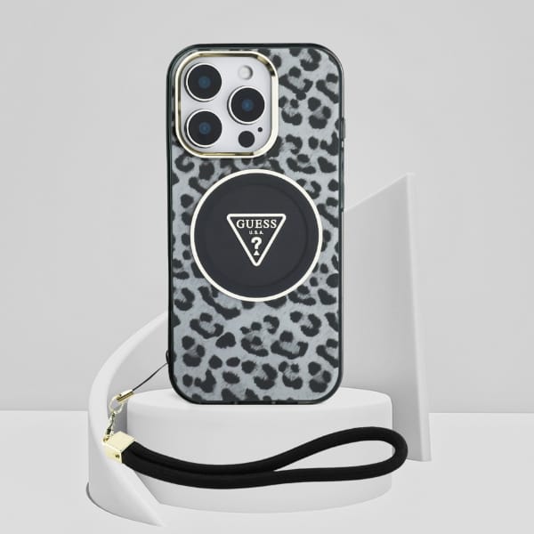 Etui Guess HC IML Leopard Triangle Cord  Strap do iPhone 16 Pro Max MagSafe czarny