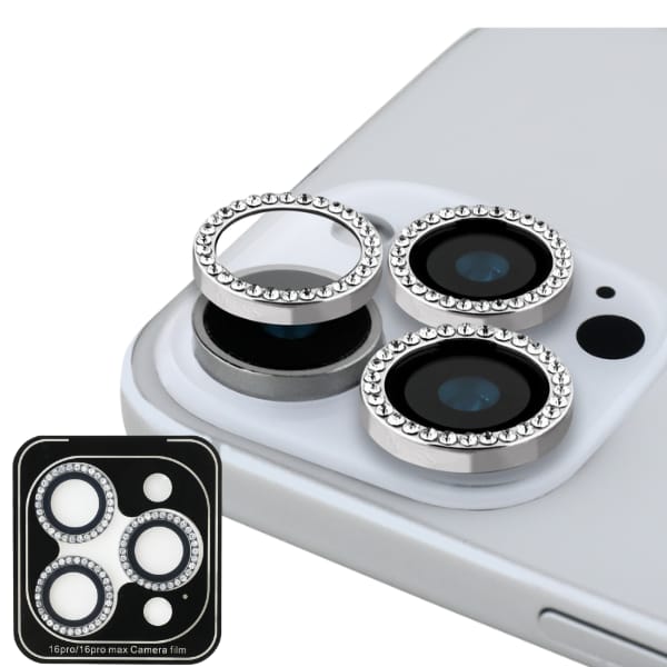 Zestaw 2w1 Guess BP Rhinestone szkło na  ekran i obiektyw aparatu do iPhone 16 Pro Max srebrny