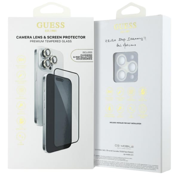 Zestaw 2w1 Guess BP Rhinestone szkło na  ekran i obiektyw aparatu do iPhone 16 Pro Max złoty