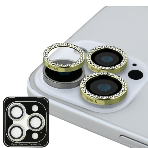 Zestaw 2w1 Guess BP Rhinestone szkło na  ekran i obiektyw aparatu do iPhone 16 Pro Max złoty