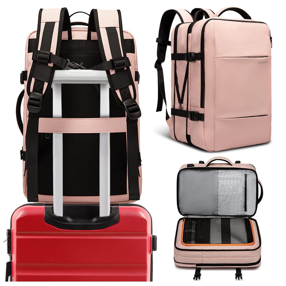 Plecak podróżny Bange BackPack biznesowy plecak rozszerzalny Torba pojemna do laptopa 17.3" z portem USB Różowy